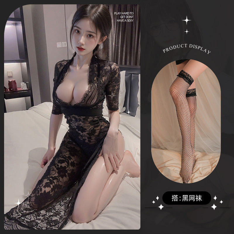 Image of Erotic lingerie cosplay no clothes lace plus size nightdress temptation royal sister secretary outfit hot see-through outfit